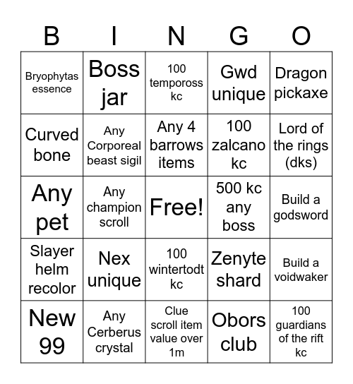 Osrs bingo Card