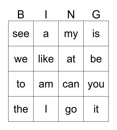 Kindergarten Sight Word Bingo Card