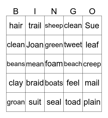 Vowel Teams Bingo Card