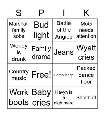 Spiker Wedding 2023 Bingo Card
