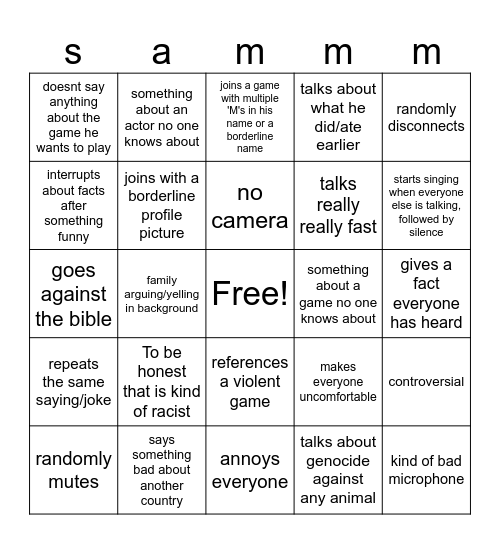 sanm Bingo Card