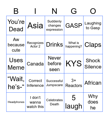 Reaction Bingo Card