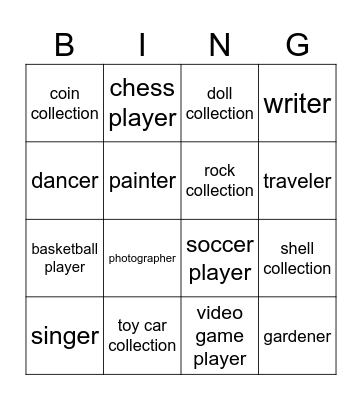 Hobbies and interest Bingo Card