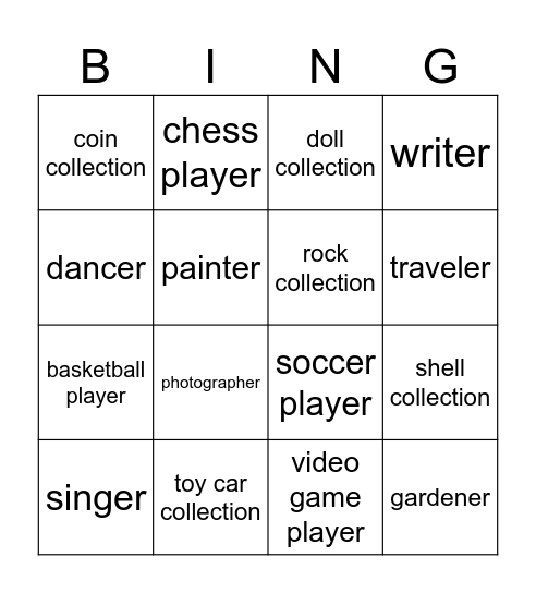 Hobbies and interest Bingo Card