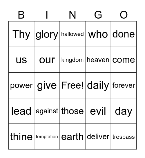 Lord's Prayer Bingo Card