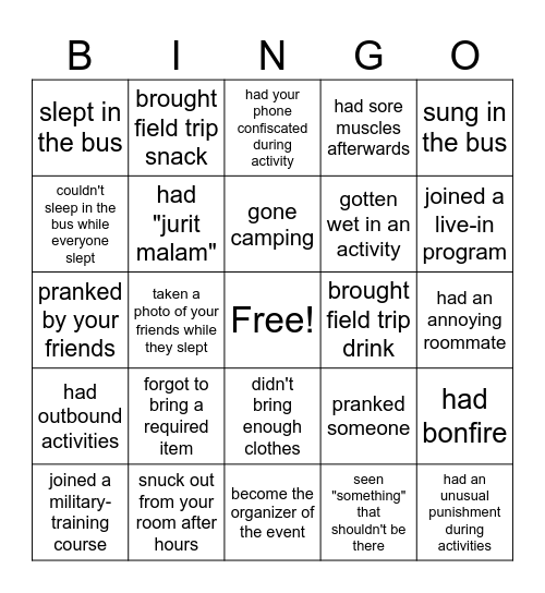 have you ever - field trip/retreat edition Bingo Card