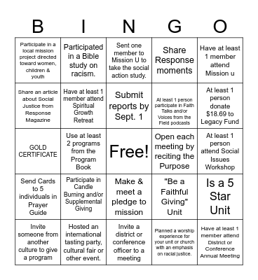 United Women in Faith Bingo Card
