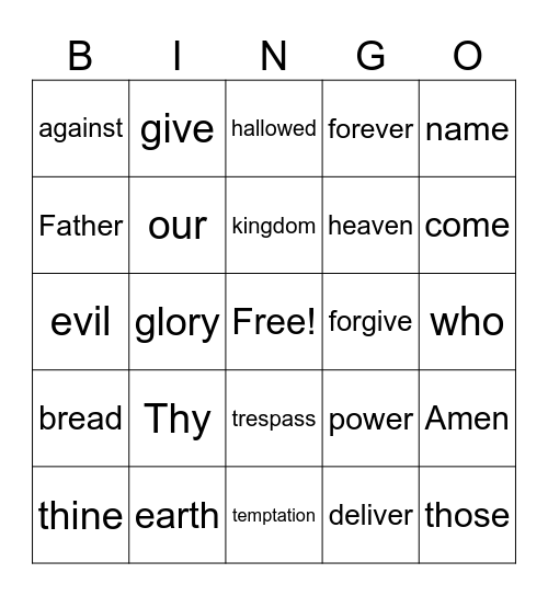 Lord's Prayer Bingo Card