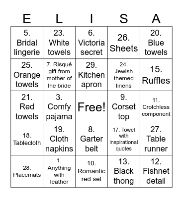 Elisa's Bridal Shower Bingo Card