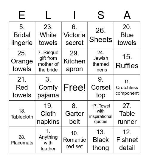Elisa's Bridal Shower Bingo Card