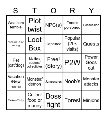 Roblox Story Game Bingo Card