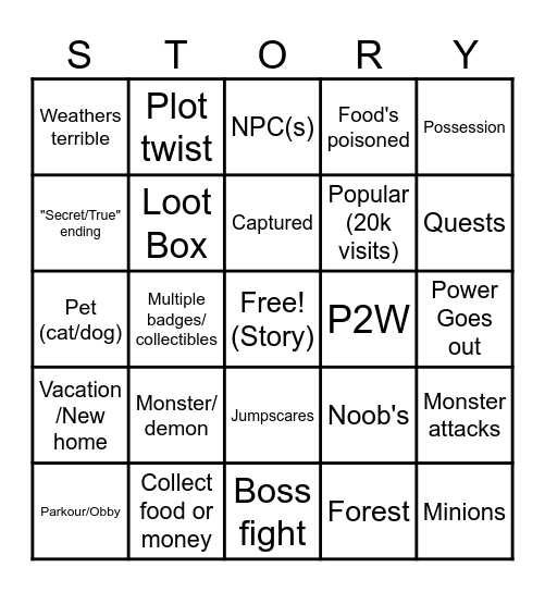 Roblox Story Game Bingo Card