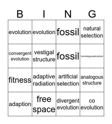 Natural Selection Bingo Card