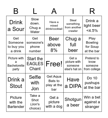 Jon's Bachelor Party Bar Crawl Bingo Card