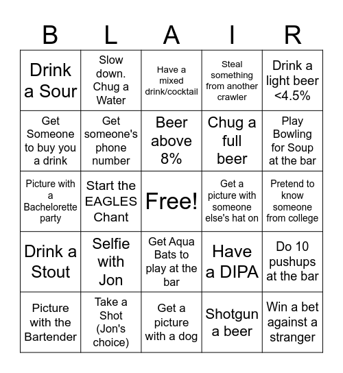 Jon's Bachelor Party Bar Crawl Bingo Card