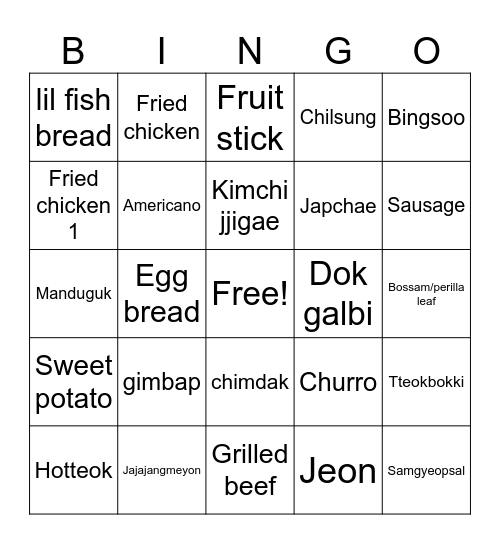 Korean food bingo Card