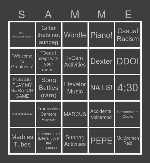 The Ultimate SammeStream Bingo Card