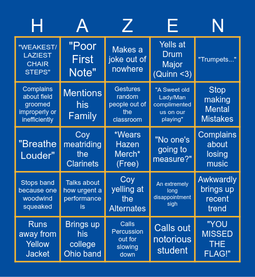 Hazen Marching Band Bingo Chart Bingo Card