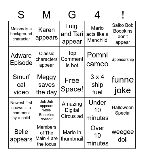 SMG4 Bingo Card