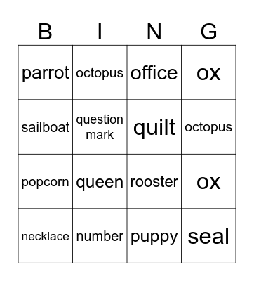 Alphabet Vocabulary Bingo Card