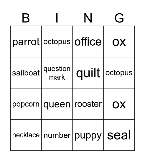 Alphabet Vocabulary Bingo Card