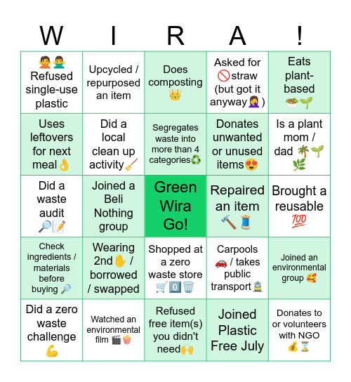 Green Wira Gathering 2023 Bingo Card