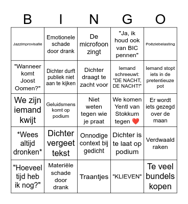 Nacht van de Poëzie 2023 Bingo Card