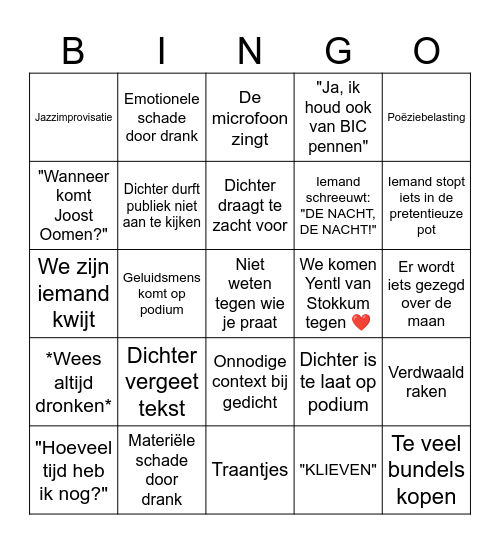 Nacht van de Poëzie 2023 Bingo Card