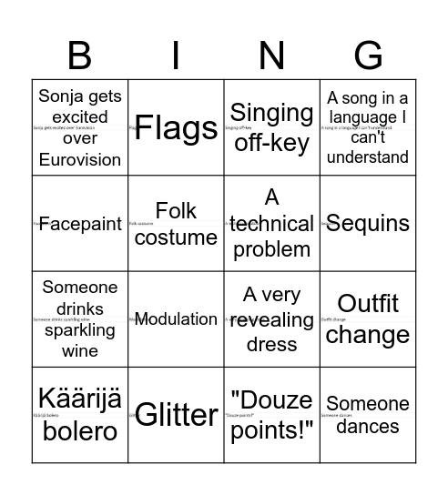 Sonja's Eurovision Bingo Card