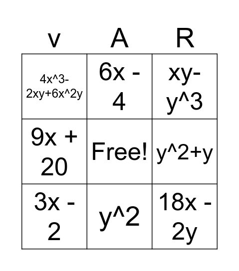 Simplify Expressions Bingo Card