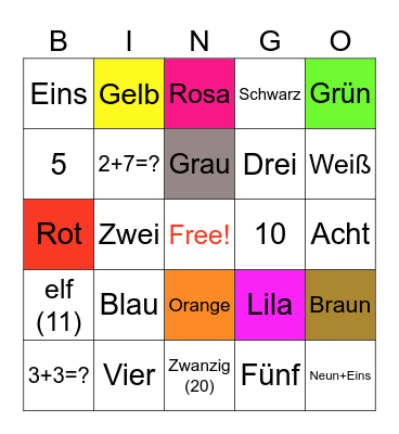 German Colors and Numbers Bingo Card