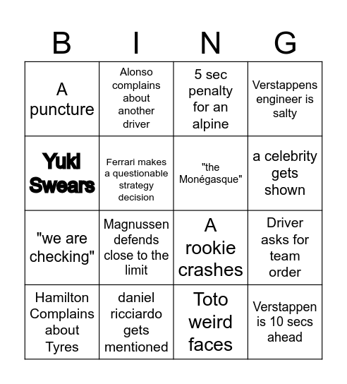 F1 Bingo Card