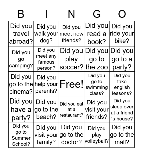 What did you do? Bingo Card