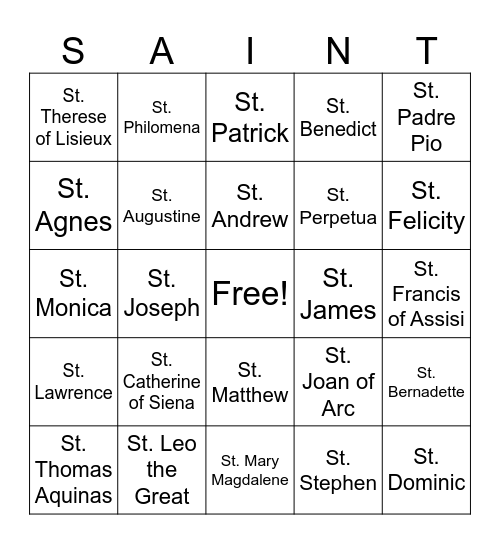 Saint Bingo Card