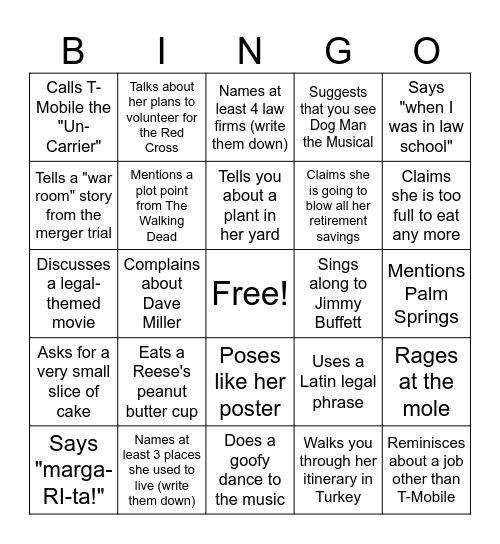 Laura Bingo! If Laura does any of the following things, check off that square (no prompting her - that's cheating!) Bingo Card