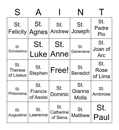 Saint Bingo Card