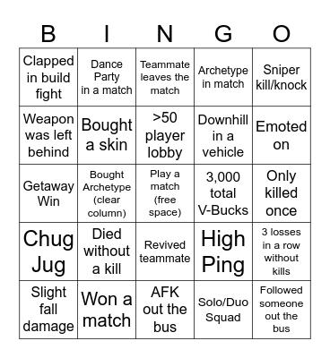 Fortnite Bingo Card