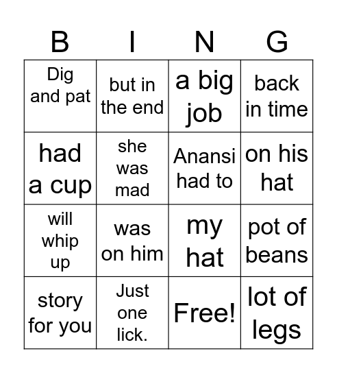 Anansi And The Pot Of Beans Bingo Card