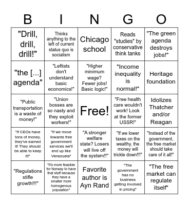 Right-wing economic bullshit bingo Card