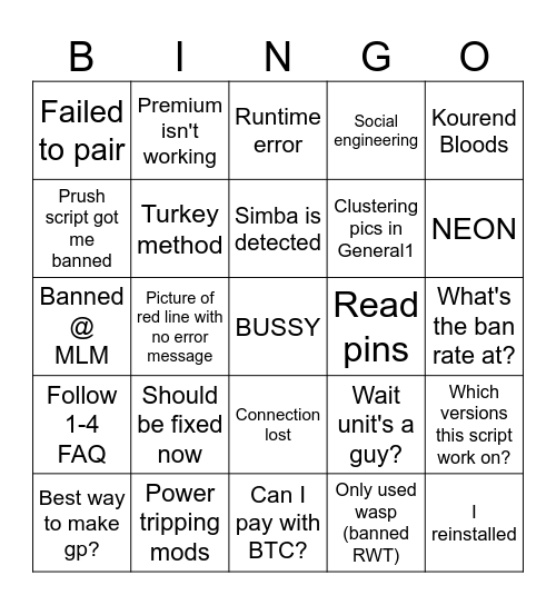 Wasp Bingo Card