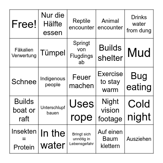 Bear Grylls Bingo Card