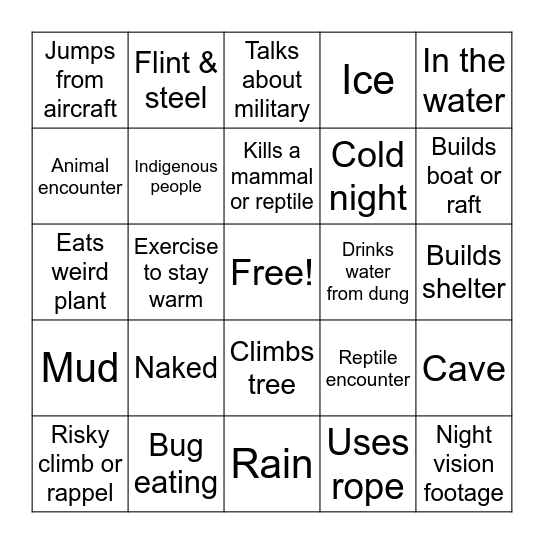 Bear Grylls Bingo Card