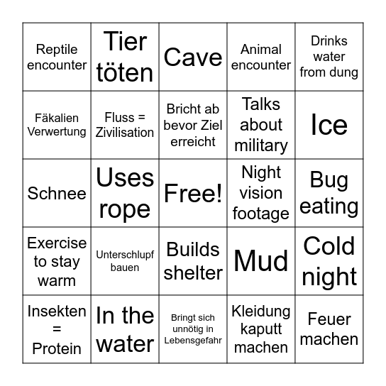 Bear Grylls Bingo Card