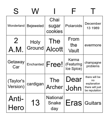 TAYLOR Bingo Card