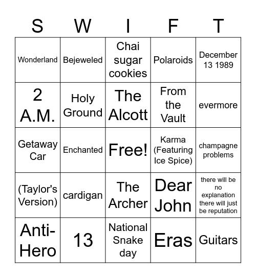 TAYLOR Bingo Card