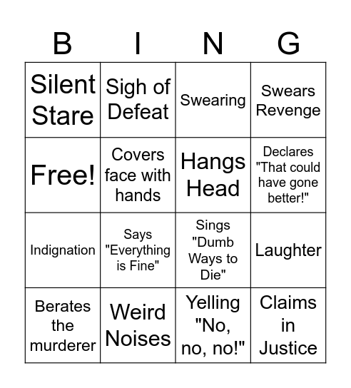 DST Card 2: Reaction to Death Bingo Card