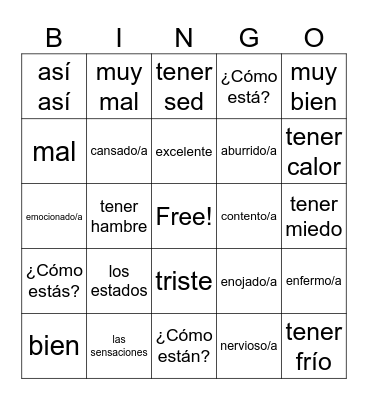 Unidad 1 Desafio 4 - Conditions and Feelings Bingo Card