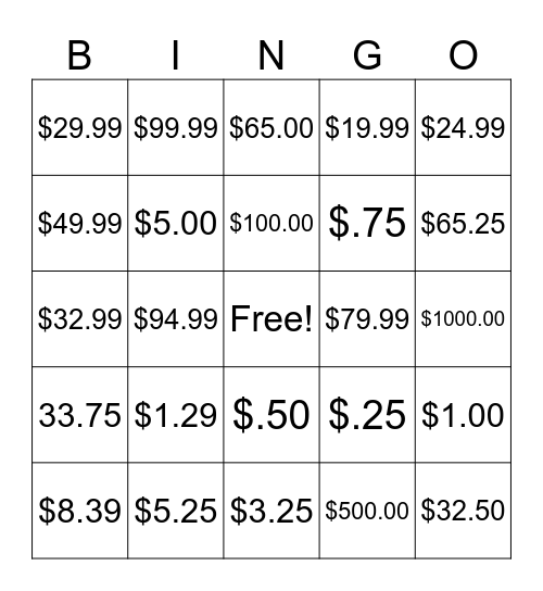 Prices Bingo Card