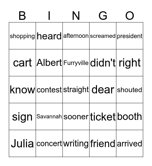 Savannah's Concert Bingo Card