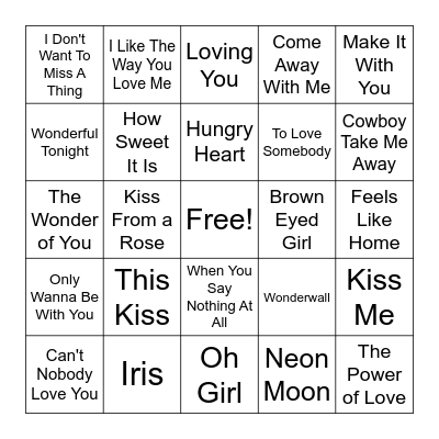 Love Song Bingo Card